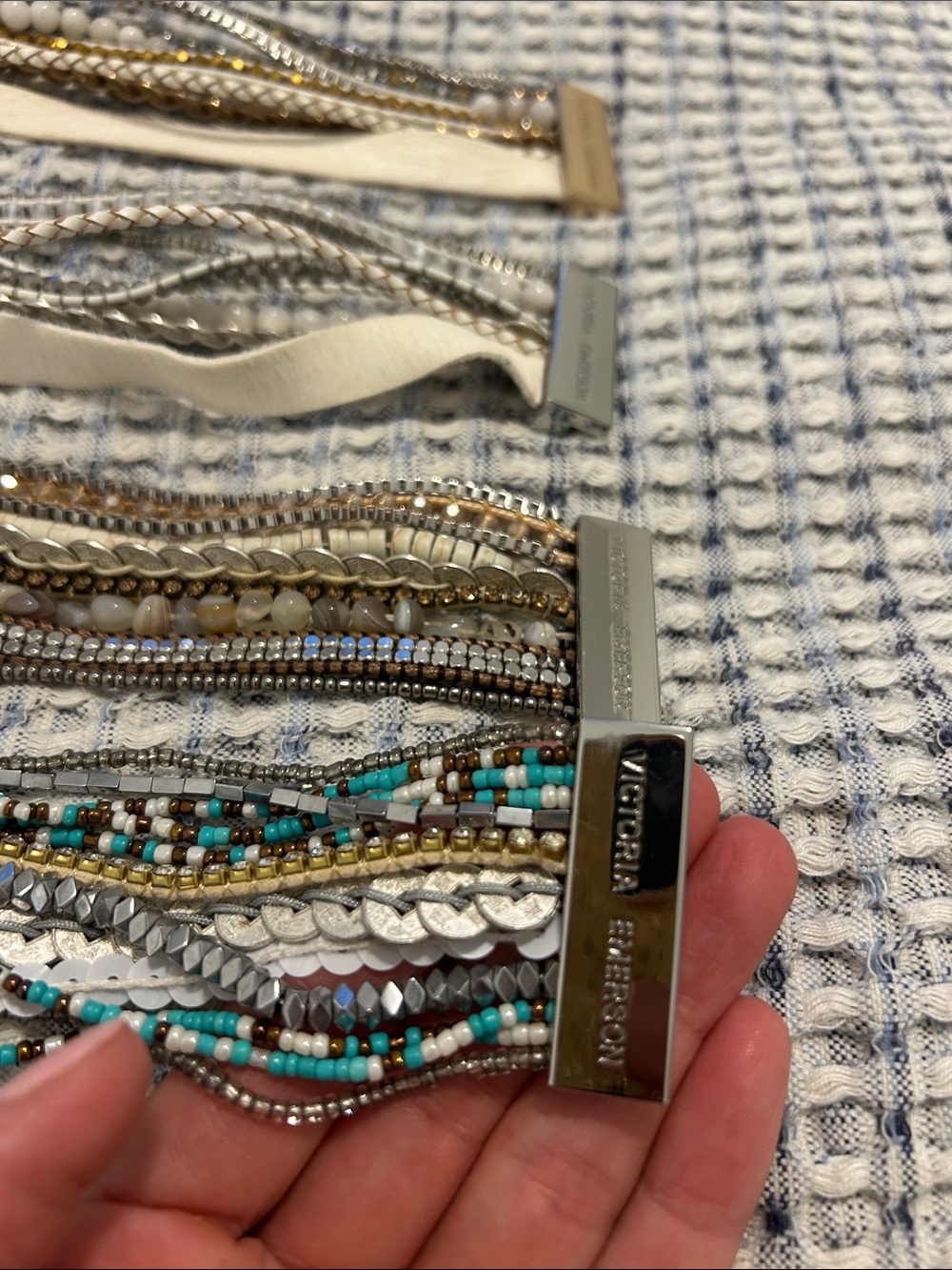 Victoria Emerson Multistrand Bracelets in Turquoise, White & Metallic Tones - Picture 2 of 6